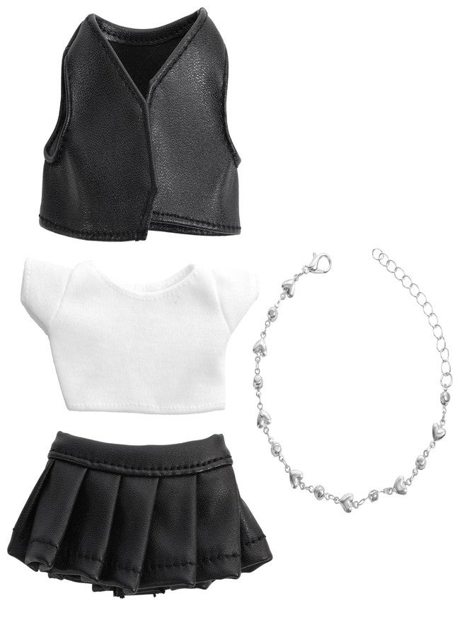 Penitue 4pcs Skirt Outfit Set for Dolls, Mini Doll Clothes Set Includes T-Shirt, Black Leather Jacket, Mini Skirt and Necklace, Cool Doll Clothes Accessories for Collectors & Fans - Image 1
